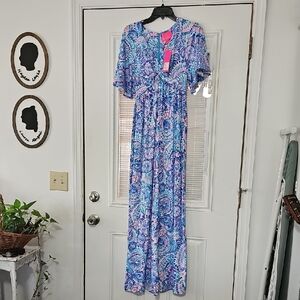 Lilly Pulitzer Blue Grotto & Hot Pink Paisley Maxi Dress